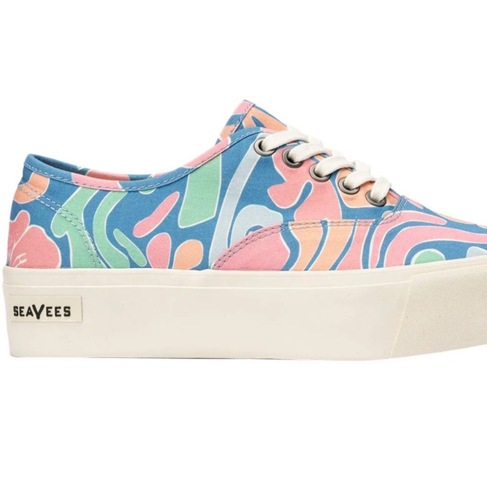 SeaVees Legend Hoffman Platform sneakers in Blue Neon Floral Poplin. Sz 7